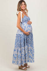 PinkBlush Blue Leaf Print Smocked Shoulder Tie Tiered Maternity Maxi Dress