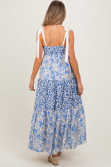 PinkBlush Blue Leaf Print Smocked Shoulder Tie Tiered Maternity Maxi Dress