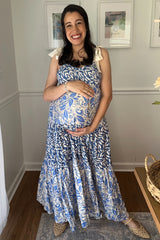 PinkBlush Blue Leaf Print Smocked Shoulder Tie Tiered Maternity Maxi Dress