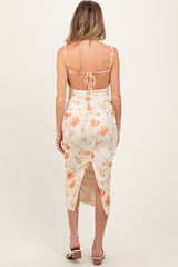 PinkBlush Cream Floral Ruched Low Tie Back Maternity Midi Dress