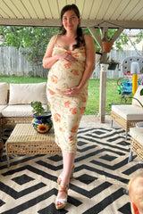 PinkBlush Cream Floral Ruched Low Tie Back Maternity Midi Dress