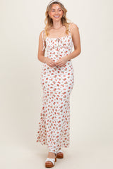 PinkBlush Red Ribbed Floral Shoulder Tie Maternity Maxi Dress