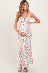 PinkBlush Red Ribbed Floral Shoulder Tie Maternity Maxi Dress