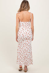 PinkBlush Red Ribbed Floral Shoulder Tie Maternity Maxi Dress