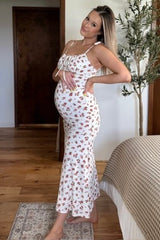 PinkBlush Red Ribbed Floral Shoulder Tie Maternity Maxi Dress