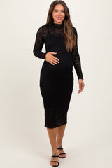 PinkBlush Black Lace Overlay Long Sleeve Fitted Maternity Midi Dress