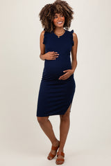 PinkBlush Navy Ruffle Sleeve Textured Maternity Midi Dress