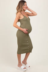 PinkBlush Olive Sleeveless Button Accent Knit Maternity Midi Dress