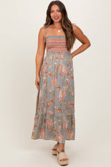 PinkBlush Olive Paisley Shoulder Tie Smocked Maternity Maxi Dress