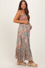 PinkBlush Olive Paisley Shoulder Tie Smocked Maternity Maxi Dress