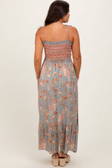 PinkBlush Olive Paisley Shoulder Tie Smocked Maternity Maxi Dress