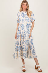 PinkBlush Blue Paisley Button Up Tiered Maternity Maxi Dress