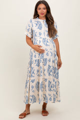 PinkBlush Blue Paisley Button Up Tiered Maternity Maxi Dress