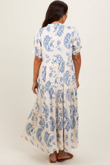 PinkBlush Blue Paisley Button Up Tiered Maternity Maxi Dress