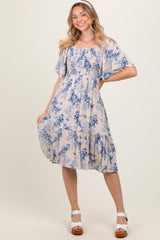 PinkBlush Cream Floral Smocked Maternity Midi Dress