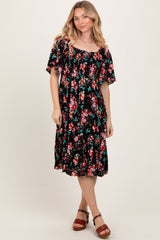PinkBlush Black Floral Smocked Maternity Midi Dress
