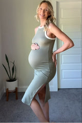 PinkBlush Light Olive/Soft White High Neck Ribbed Sleeveless Maternity Midi Dress