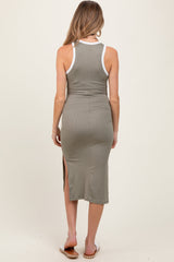 PinkBlush Light Olive/Soft White High Neck Ribbed Sleeveless Maternity Midi Dress