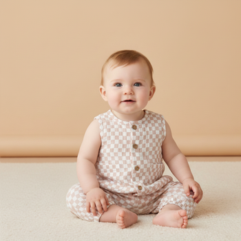 Makemake Organics Organic Buttoned Jumpsuit - Brick Checks