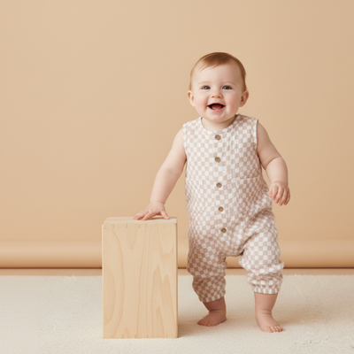 Makemake Organics Organic Buttoned Jumpsuit - Brick Checks