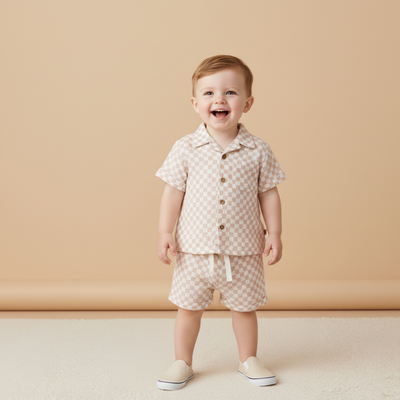 Makemake Organics Organic Shirt & Shorts Set - Brick Checks