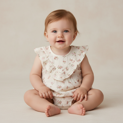 Makemake Organics Organic Sleeveless Ruffle Bubble Romper - Blush Floral
