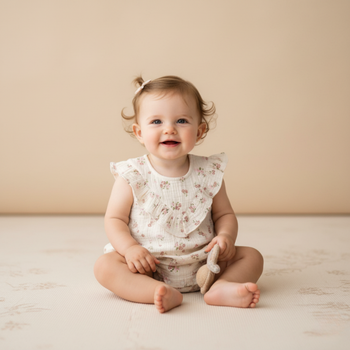 Makemake Organics Organic Sleeveless Ruffle Bubble Romper - Blush Floral