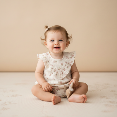 Makemake Organics Organic Sleeveless Ruffle Bubble Romper - Blush Floral