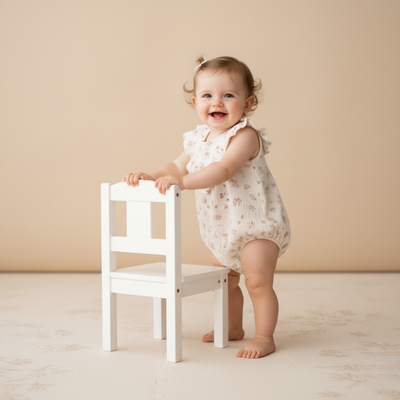 Makemake Organics Organic Sleeveless Ruffle Bubble Romper - Blush Floral