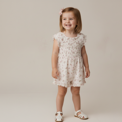 Makemake Organics Organic Smocked Jumpsuit - Blush Floral