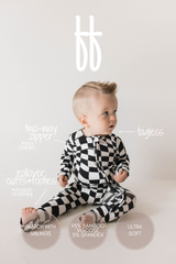 Bamboo Zip Pajamas | Black & White Wavy Checkerboard