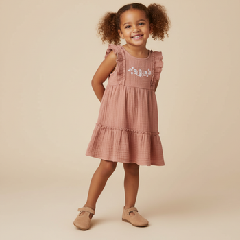 Makemake Organics Organic Embroidered Tiered Dress - Clay