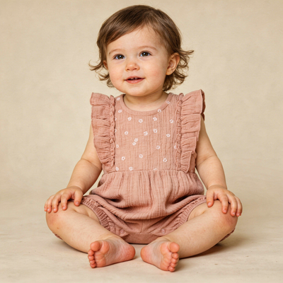 Makemake Organics Organic Embroidered Ruffle Romper - Clay