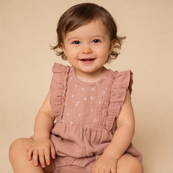 Makemake Organics Organic Embroidered Ruffle Romper - Clay