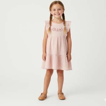 Makemake Organics Organic Embroidered Tiered Dress - Blush