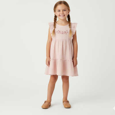 Makemake Organics Organic Embroidered Tiered Dress - Blush