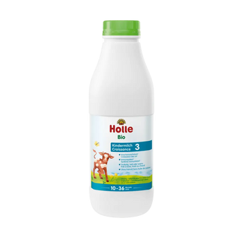 Holle organic milk bottle on a white background