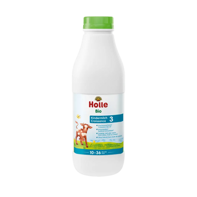 Holle organic milk bottle on a white background