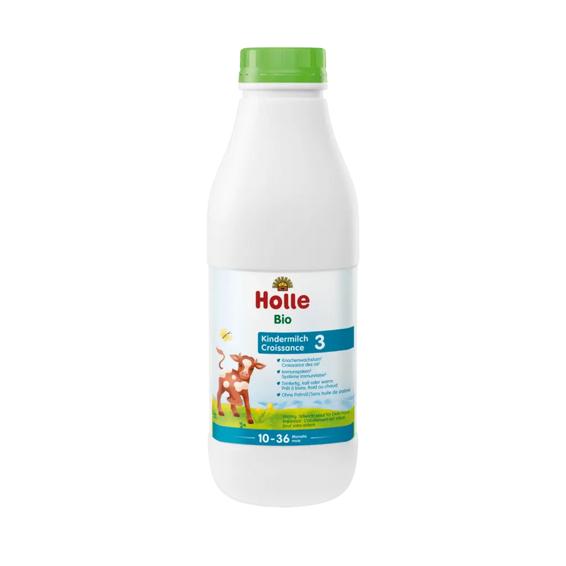 Holle organic milk bottle on a white background