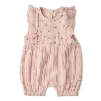 Makemake Organics Organic Embroidered Ruffle Romper - Blush