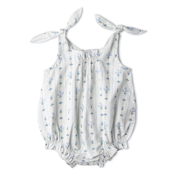Makemake Organics Organic Tie Shoulder Bubble Romper - Blue Vines