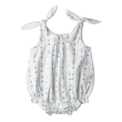 Makemake Organics Organic Tie Shoulder Bubble Romper - Blue Vines