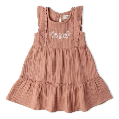Makemake Organics Organic Embroidered Tiered Dress - Clay