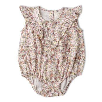 Makemake Organics Organic Sleeveless Ruffle Bubble Romper - Pastel Bloom