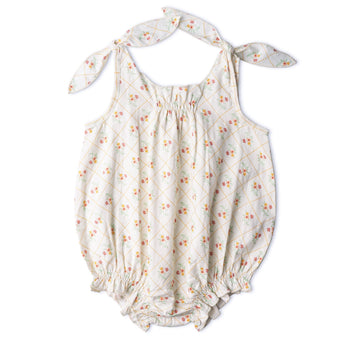 Makemake Organics Organic Tie Shoulder Bubble Romper - Spring Weave