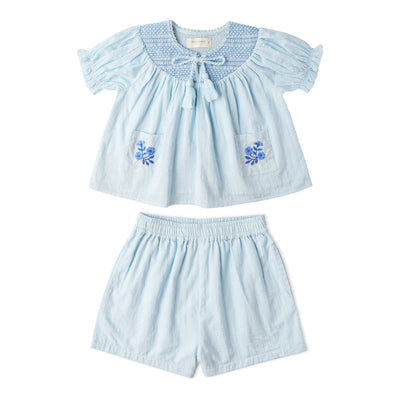Makemake Organics Organic Smocked Top & Shorts Set - Light Blue
