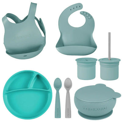 MinikOiOi Silicone Baby Feeding Set – Eco-Friendly Suction Plate, Bowl, Bibs & Cup (6+ Months)