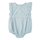 Makemake Organics Organic Eyelet Flutter Romper - Light Blue Eyelet