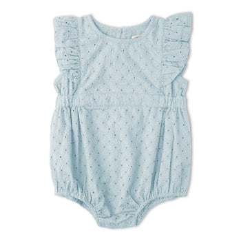 Makemake Organics Organic Eyelet Flutter Romper - Light Blue Eyelet