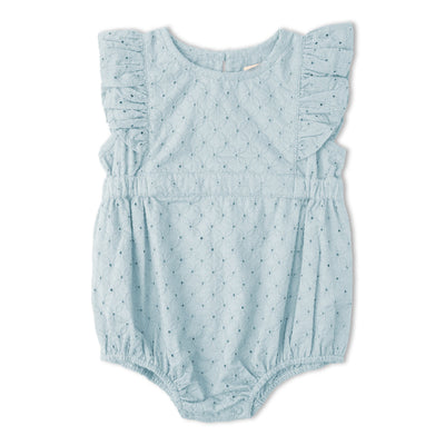 Makemake Organics Organic Eyelet Flutter Romper - Light Blue Eyelet